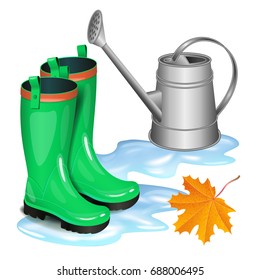 Green gumboots in puddle, gray watering can and falling orange maple leaf. Autumn, gardening, season illustration. Rainy day. Realistic vector