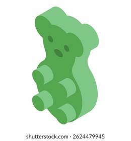 Green gummy bear candy sitting with its legs out in an isometric view