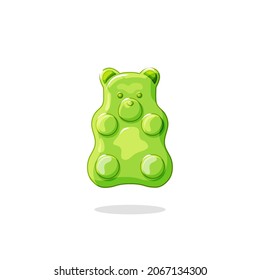 Green gummy bear.Jelly healthy candies. Delicious vitamins. Vector cartoon illustration. Isolated background.