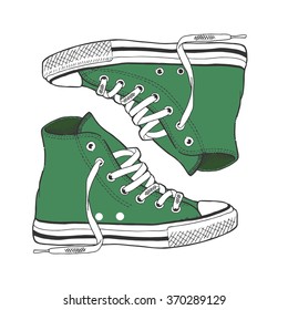 Green gym shoes - by hand the drawn illustration. Vector art.