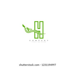 Green H Letter Linked Element Swoosh Flourish Monogram Logotype