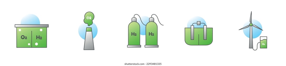 Green H2o generator modern icon set, sustainable energy concept, zero emission electricity vector icons, power plant storage emblems, windturbine generator symbols isolated on white background
