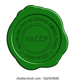 Green HACCP (Hazard analysis and critical control points) round wax seal on white background