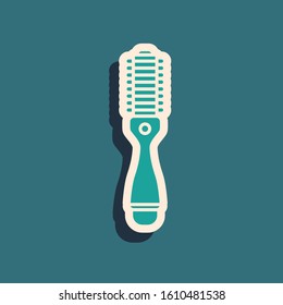 Green Hair dryer icon isolated on blue background. Hairdryer sign. Hair drying symbol. Blowing hot air. Long shadow style. Vector Illustration
