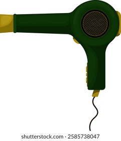 Green hair dryer. salon equipment, grooming Items. Hairdresser tool. Dryer Electronic Device For Dry Hairstyle In Beauty Salon. Vector illustration