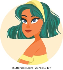 Green hair girl in yellow color costume for party for avatar or icon or user profile for social media in internet human people person face vector woman success cheerful fun 