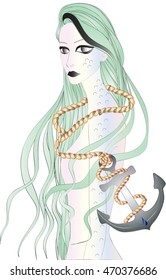 Green hair siren with anchor  - vector illustration