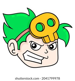 green haired angry face boy wearing skull mask, vector illustration carton emoticon. doodle icon drawing