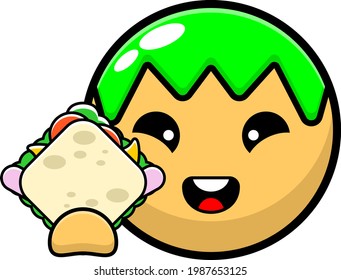 cabeza de círculo verde sujetando sandwich diseño simple vector