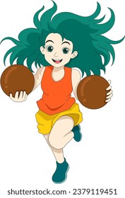 una chica de cabello verde trae dos pelotas