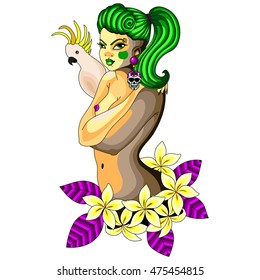 Green haired girl with a parrot