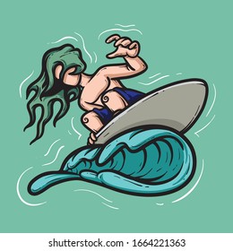 Green haired surfer with grey surfboard taming the ocean waves. Sport vector concept isolated on green background. 