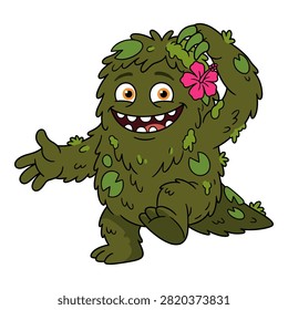 Green hairy creature with lily pads. Friendly marsh monster with hibiscus flower. Happy swamp beast.