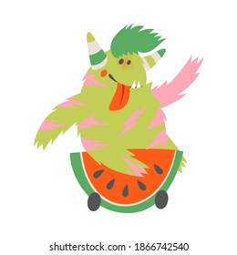 Green Hairy Monster Sticking out Tongue Riding Wheeled Watermelon Vector Illustration