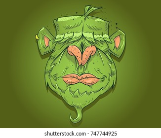 Green hairy slovenly head of yeti