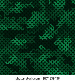 Green Halftone Camouflage Seamless Pattern Texure. Glowing Malachite Color Graphic Modern Camo Net. Vector Military Camouflage Seamless Pattern Textile Print