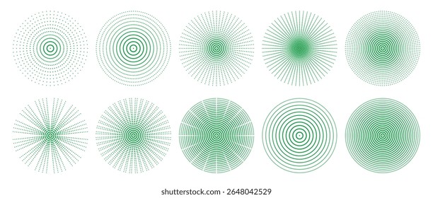 Verde meio-tom circular radial pontilhado formas vetoriais abstratos elementos de projeto definir o movimento de explosão fundo ilusão isolado em transparente geométrica tecno conceito redondo mínimo simétrico gráfico