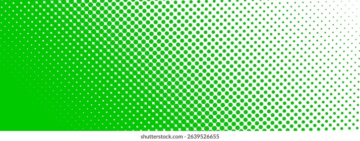 Green halftone corner gradient texture. Fading cartoon polka dot background. Dotted tilted gradation pattern. Fading comic pop art overlay backdrop. Vector slant frame halfton patern effect wallpaper