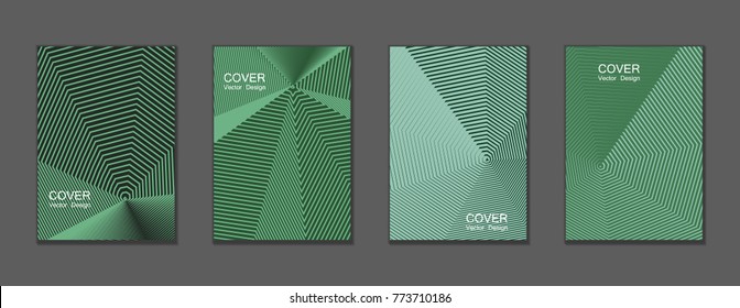 Green halftone covers vector template set with lines graphics. Vector tech journal design geometric shape background set, trendy halftone lines hipster pattern abstract covers collection.