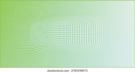 A green halftone dot abstract background featuring wavy pixel pattern and flowing grid texture, conveying motion, modern design and digital depth for posters, web, technology and creative projects.