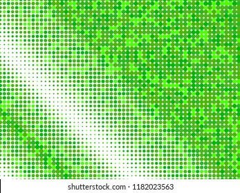 Green halftone dots. Organic geometric gradient for pop art designs. Geometric vintage monochrome fade wallpaper. Pop art print. Dotted geometric retro pattern. Comic halftone background.