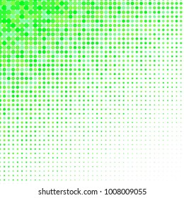 Green halftone dots. White and organic geometric gradient for pop art designs. Geometric vintage monochrome fade wallpaper. Pop art print. Dotted geometric retro pattern. Comic halftone background.