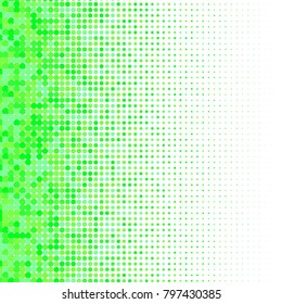 Green halftone dots. White and organic geometric gradient for pop art designs. Geometric vintage monochrome fade wallpaper. Pop art print. Dotted geometric retro pattern. Comic halftone background.