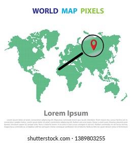 Green halftone dotted world map. Vector illustration. Dotted map in flat design. Map zoom lens with a red pin.