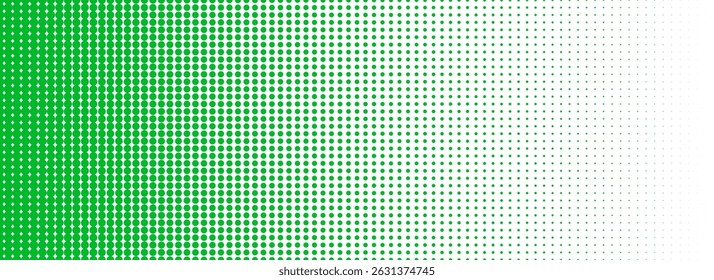 Green halftone gradient texture. Fading cartoon polka dot background. Repeated dotted gradation pattern. Vanishing comic pop art overlay backdrop. Rasterized halfton patern effect wallpaper. Vector