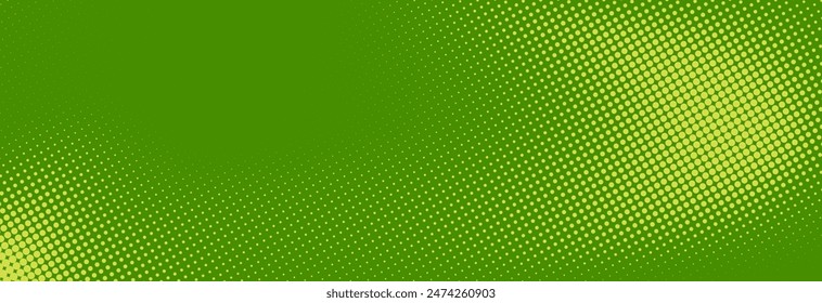 Green halftone pattern. Retro comic gradient background. Greenish pixelated dotted texture overlay. Cartoon pop art vanishing gradient pattern. Vector backdrop for poster, banner, advertisement