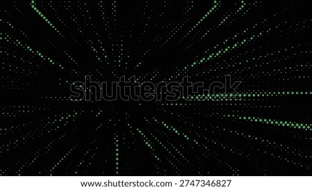 Green halftone radial particle burst vector background, abstract dotted perspective lines on dark backdrop, futuristic digital technology pattern for data visualization, presentations,