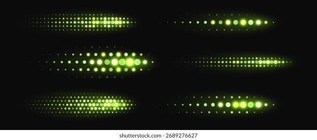 Green halftone shapes, glowing dynamic elements made from sparkling dots.
