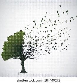 Green halftone tree with foliage overfly. Vector illustration