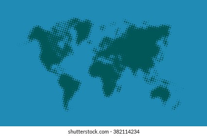 Green halftone world map on a blue backhround