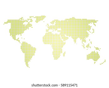 Green halftone world map of small dots in linear arrangement. Simple flat vector illustration on white background.
