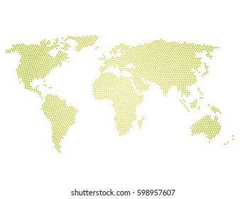 Green halftone world map of small dots in radial arrangement. Simple flat vector illustration on white background.