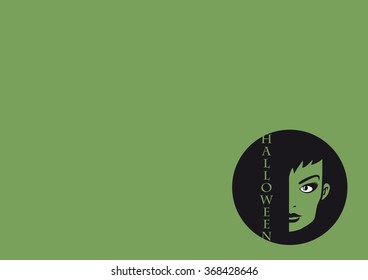 Green Halloween background. Green background with bewitching face. Halloween illustration. Green background. Holiday background. Festive card.  Vector illustration Halloween. Halloween background