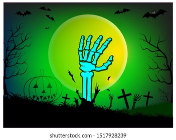 green Halloween background with hand on cemetery and Moon, illustration