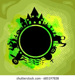 Green Halloween background with scary elements including silhouette of castle, vampire, scarecrow, pumpkins etc.