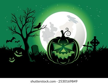 Green Halloween background with scary pumpkin in a cemetery vector illustration. Creepy pumpkin, shining moon and graveyard vector. Night spooky landscape with graves. Template for card, banner