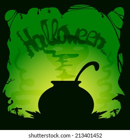 Green Halloween background with witches cauldron, illustration.