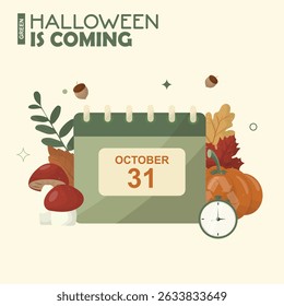 Green Halloween Calendar Illustration with Autumn Elements. October 31 calendar, pumpkin, mushrooms and autumn foliage in an eco-friendly Halloween announcement design. Flat style. Vector illustration