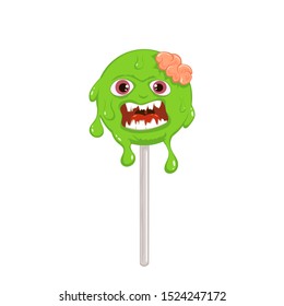 Green Halloween candy with pink brain isolated on white background. Sweet holiday treat with a horrible face. Illustration can be used for children's holiday design, cards, invitations and banners.