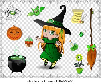 Green halloween cartoon set of various objects for witches and cute little witch in costume and hat isolated on transparent background. Vector icons, clip art, elements for game or character creation