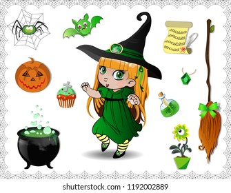 Green halloween cartoon set of various objects for witches and cute little witch girl in costume and hat isolated on white background. Vector icons, clip art, elements for game or character creation