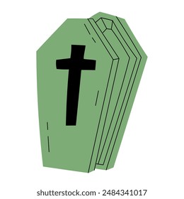 Green Halloween coffin hand drawn in doodle style. Creepy decorative scary icon illustration for design. Vector stock illustration on isolated white background.