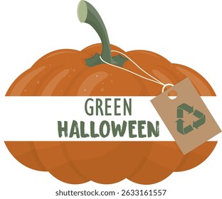 Green Halloween Eco-Friendly Pumpkin Recycling Tag Design. Sustainable Halloween pumpkin with green recycling tag and eco-friendly messaging for environmentally conscious autumn celebrations. Vector