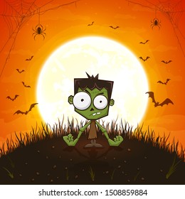 Green halloween monster on orange background with moon. Holiday card with bats and spiders. Illustration can be used for holiday cards, children's clothing design, invitations, banners.