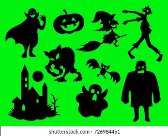 The Green Halloween, mystical character silhouettes pattern cartoon vector.