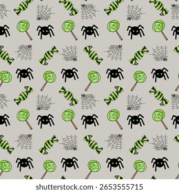 Grünes Halloween Sweets and Spiders Pattern. Nahtlose Halloween Icons mit Süßigkeiten und Webs
